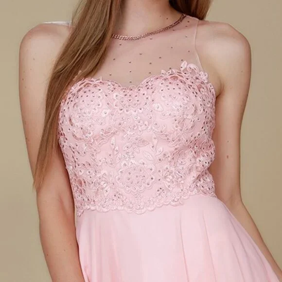 NEW LONG SLEEVELESS A-LINE CHIFFON DRESS EMBROIDERED WITH RHINESTONES NX Y009 - Picture 4 of 8